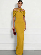 Regal Plum Crepe Column Gown with Satin Criss-Cross Halter Maxi Dress
