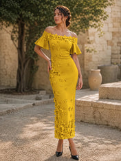 Black 3D Floral Off-The-Shoulder Ankle-Length Gown Dress