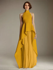 White Sleeveless High Neck Chiffon Long Formal Dress With Ruffles