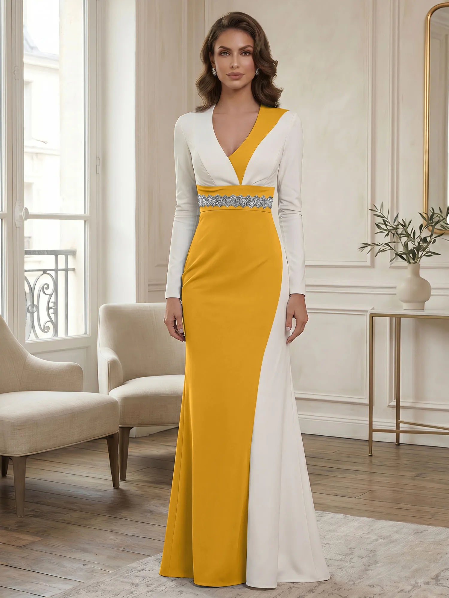Elegant Navy & White Color-Block Long Sleeve Floor-Length Evening Gown Formal Dresses
