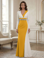 Elegant Navy & White Color-Block Long Sleeve Floor-Length Evening Gown Formal Dresses