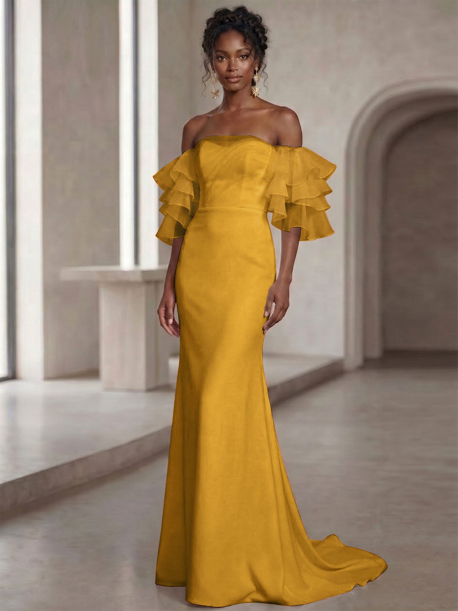 White Mermaid Off the Shoulder Ruffled Long Wedding Reception Dress