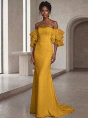 White Mermaid Off the Shoulder Ruffled Long Wedding Reception Dress