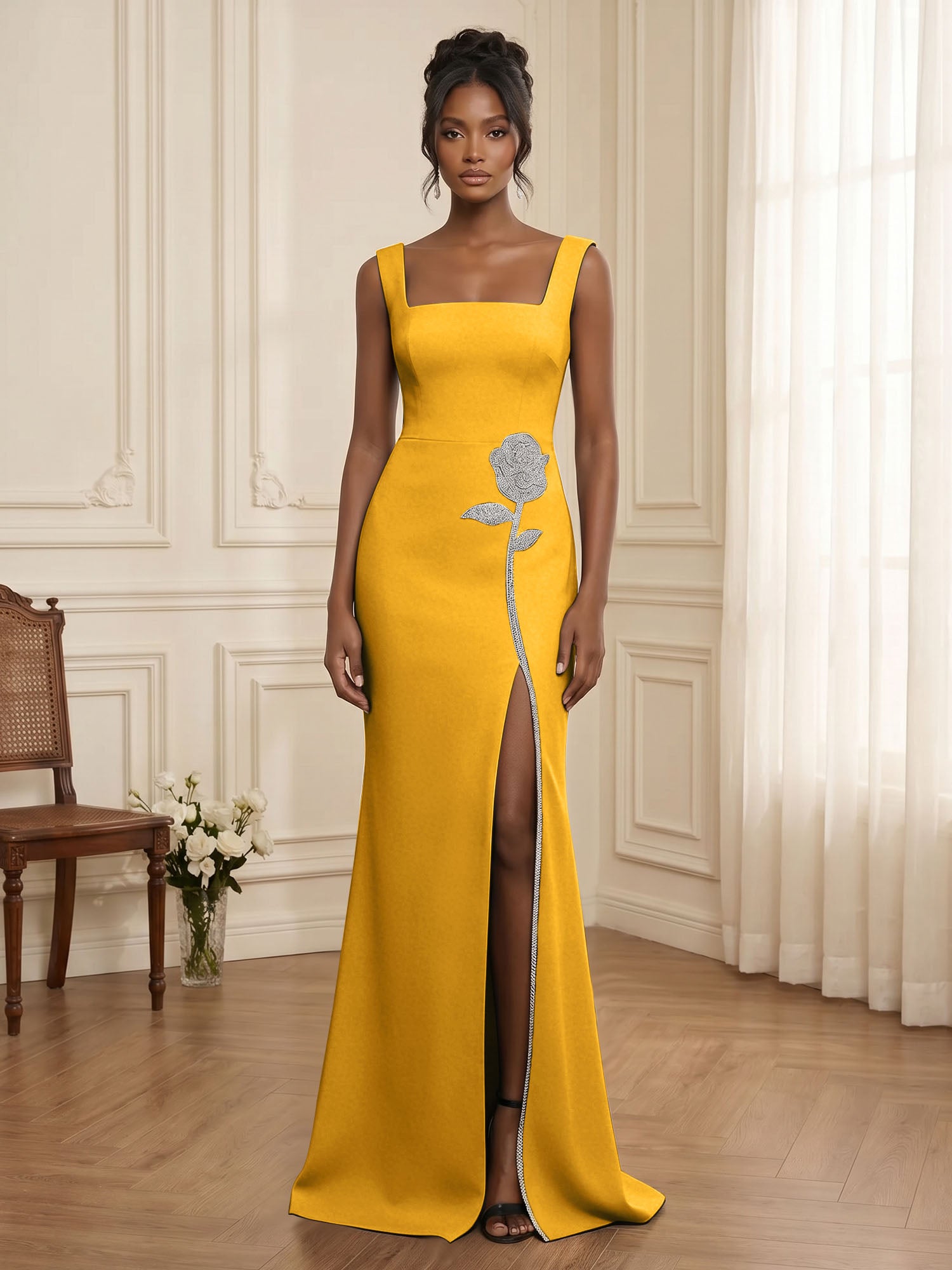 Formal Evening Dress Glamorous Black Square-Neck Crystal Rose Slit Gown