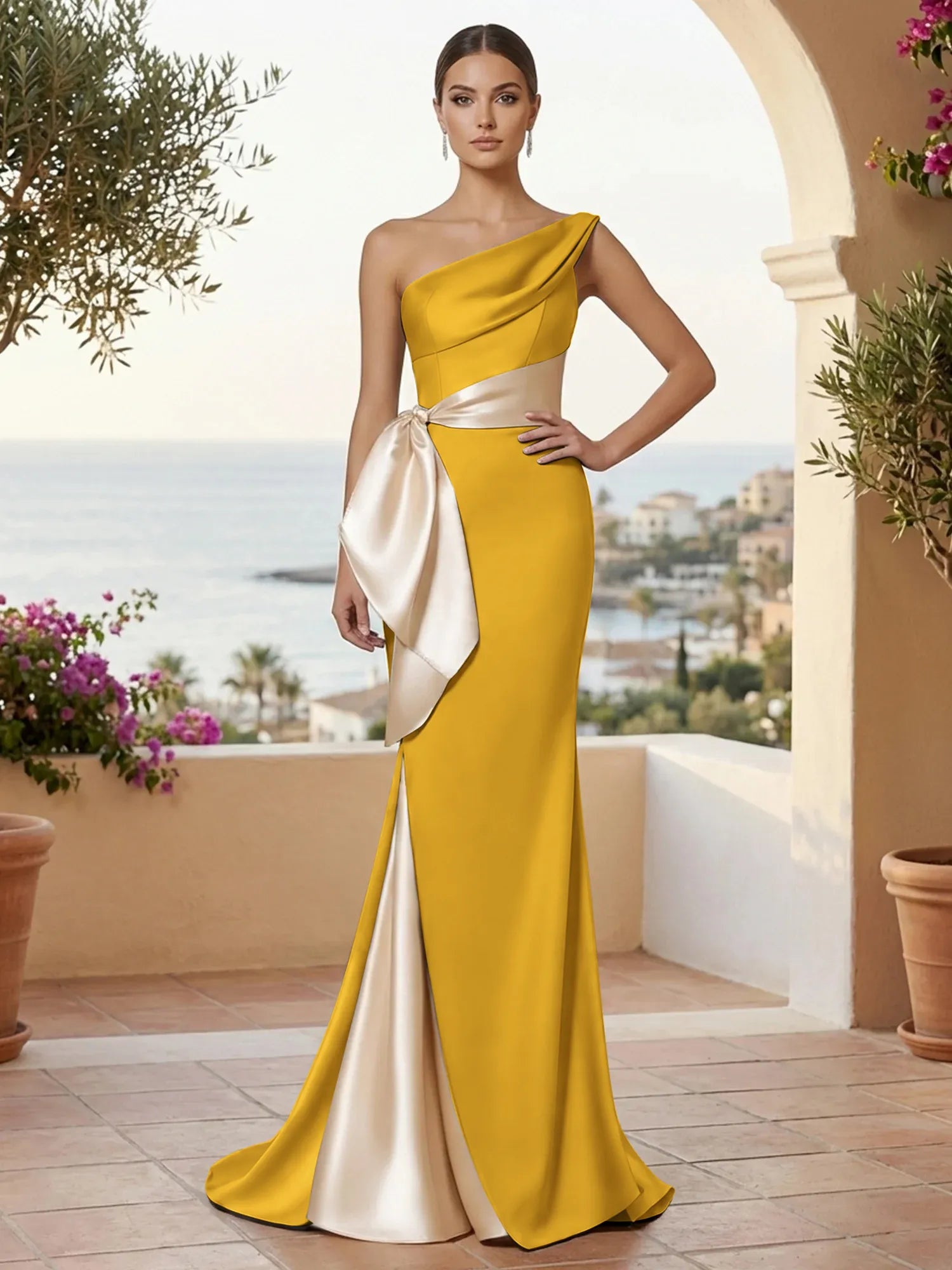 One Shoulder Mermaid Satin Pleat Evening Dresses with Bow