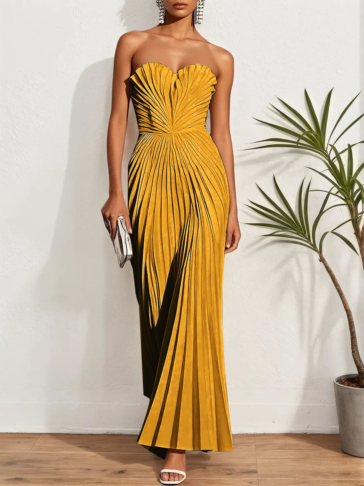 White Pleated Classic Strapless Sleeveless A-Line Maxi Dress