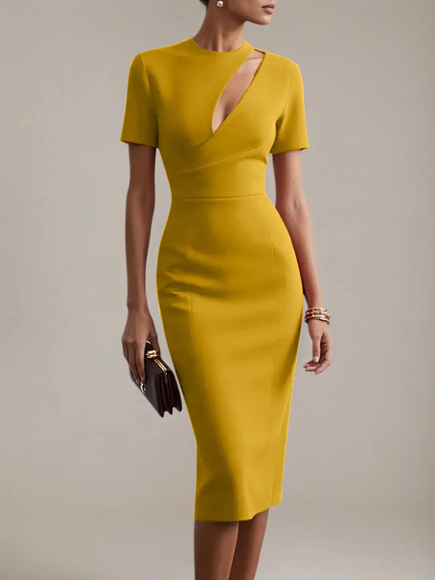 Red Sheath/Column Stretch Crepe Scoop Neck Short Sleeves Tea Length Dresses