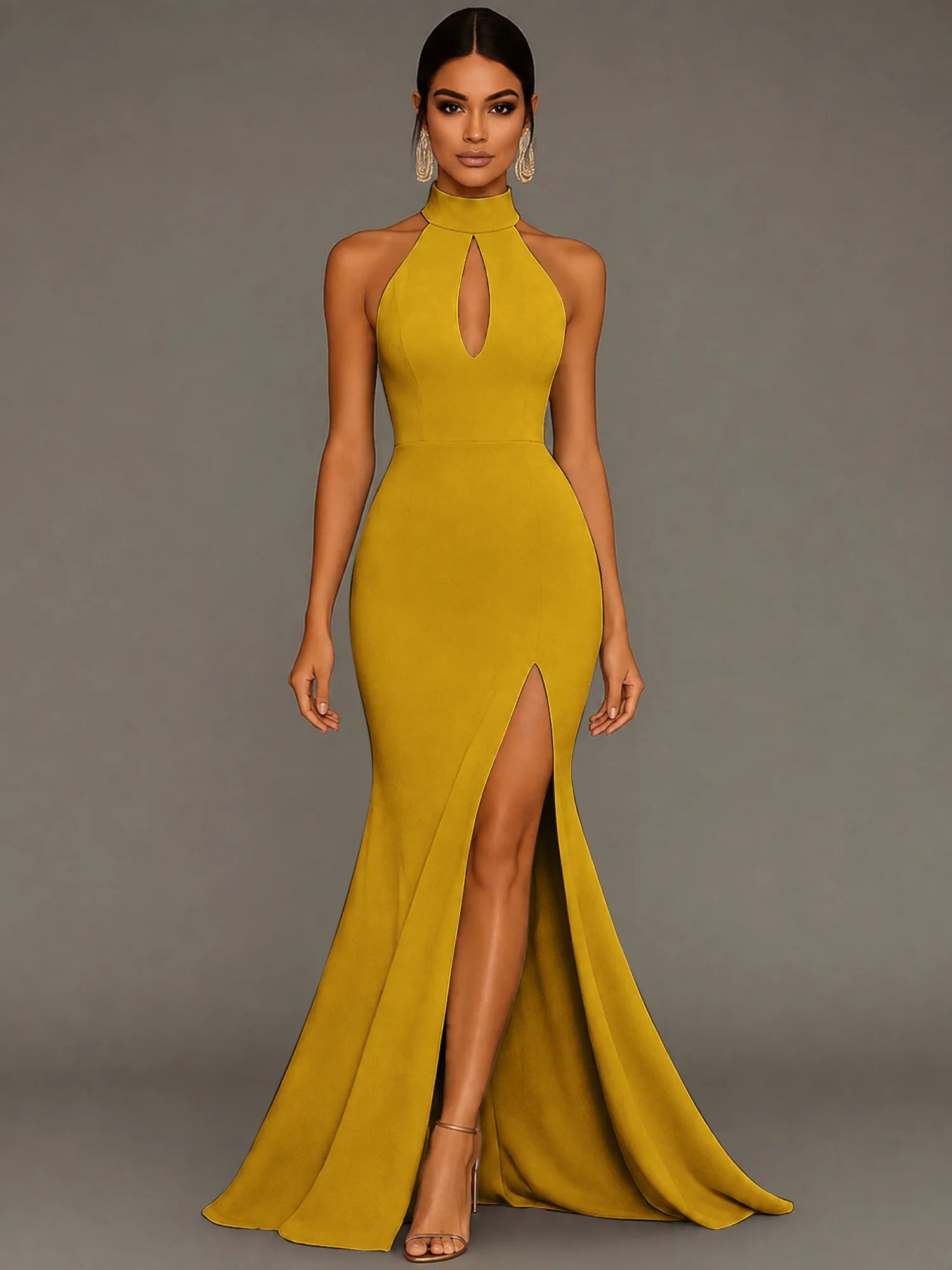 Mermaid Halter Neck Satin Formal Dress with Slit