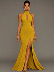 Mermaid Halter Neck Satin Formal Dress with Slit