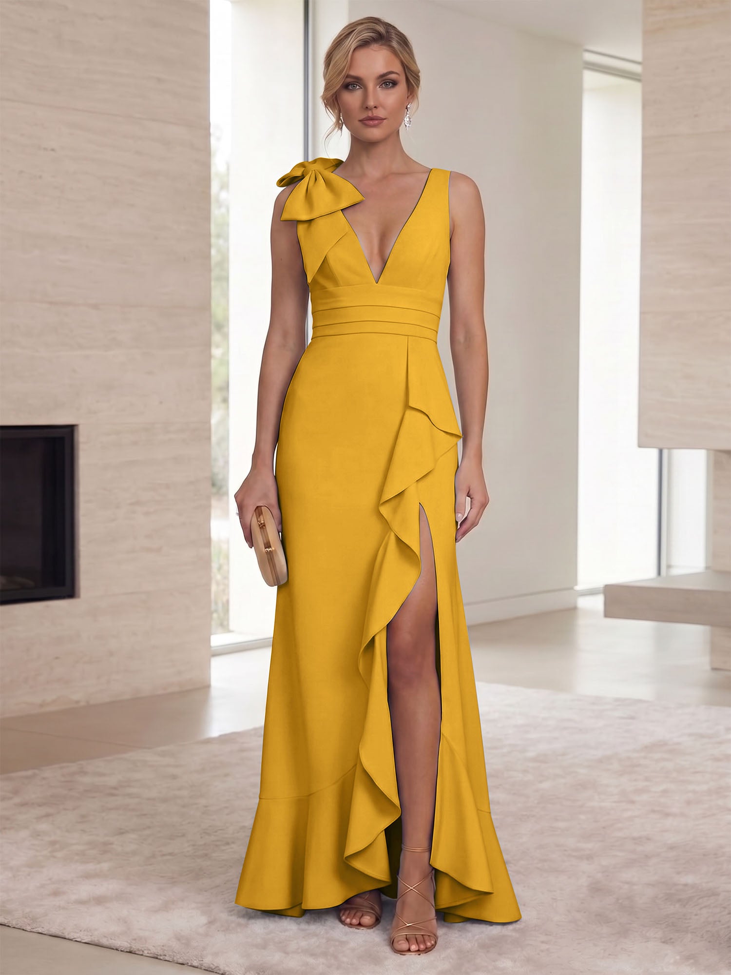 Ice Blue Bow-Accent Ruffle Slit Gown Formal Evening Dress