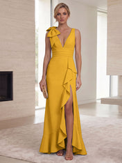 Ice Blue Bow-Accent Ruffle Slit Gown Formal Evening Dress