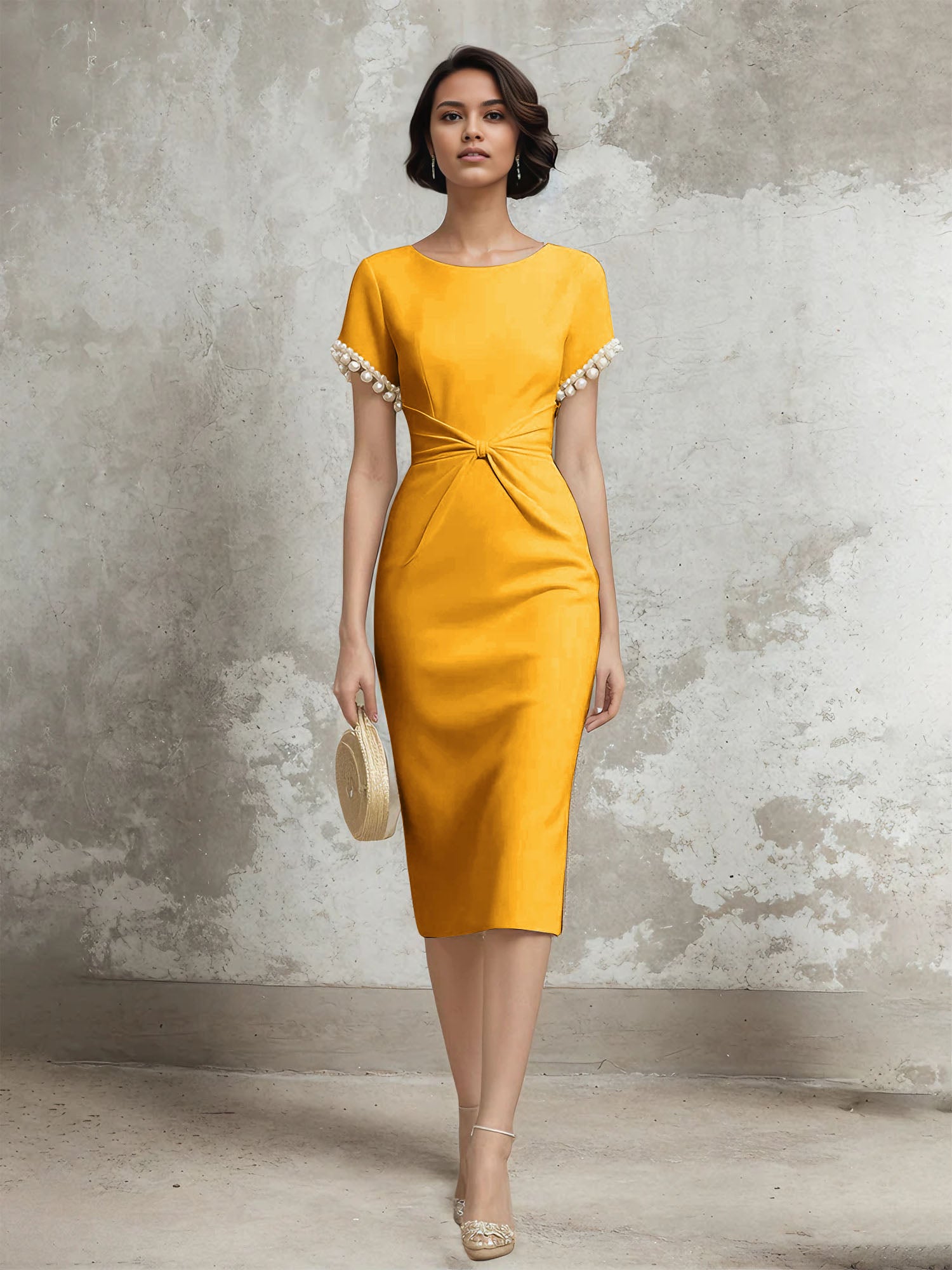 Column Short Sleeve Tea Length Dress With Pearls