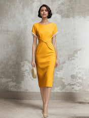 White Stretch Crepe Sheath/Column Short Sleeve Tea Length Dress With Pearls