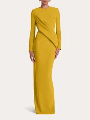Red Sheath/Column Scoop Long Sleeves Chiffon Floor-Length Ruffles Formal Dress
