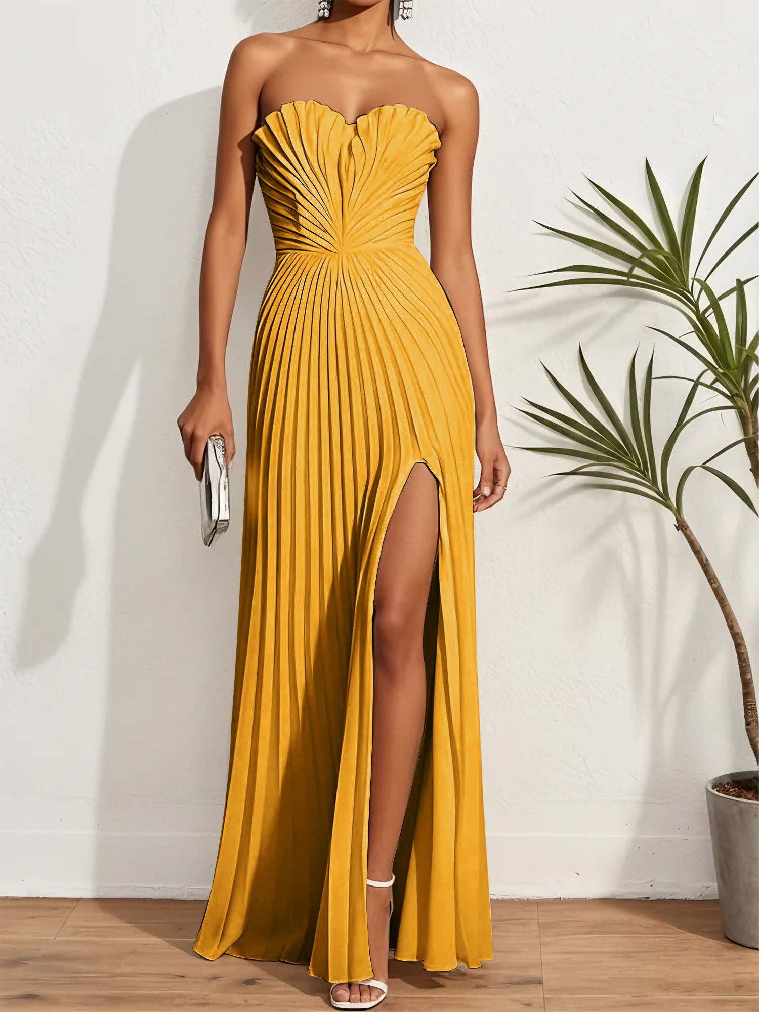 Pleated Classic Strapless Sleeveless A-Line Maxi Dress