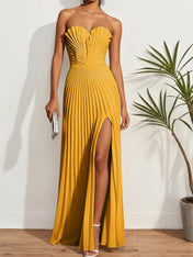 Pleated Classic Strapless Sleeveless A-Line Maxi Dress