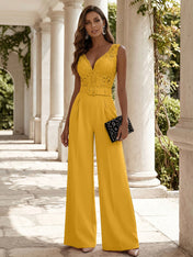 Women Pink Lace Deep V Neck Sleeveless Dressy Jumpsuit