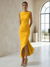 Elegant Formal Evening Gown Butter Yellow Ruched Asymmetrical Midi Dress