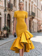 Evening Foraml Gown Avant-Garde Black Short-Sleeve Tiered Ruffle Midi Dress