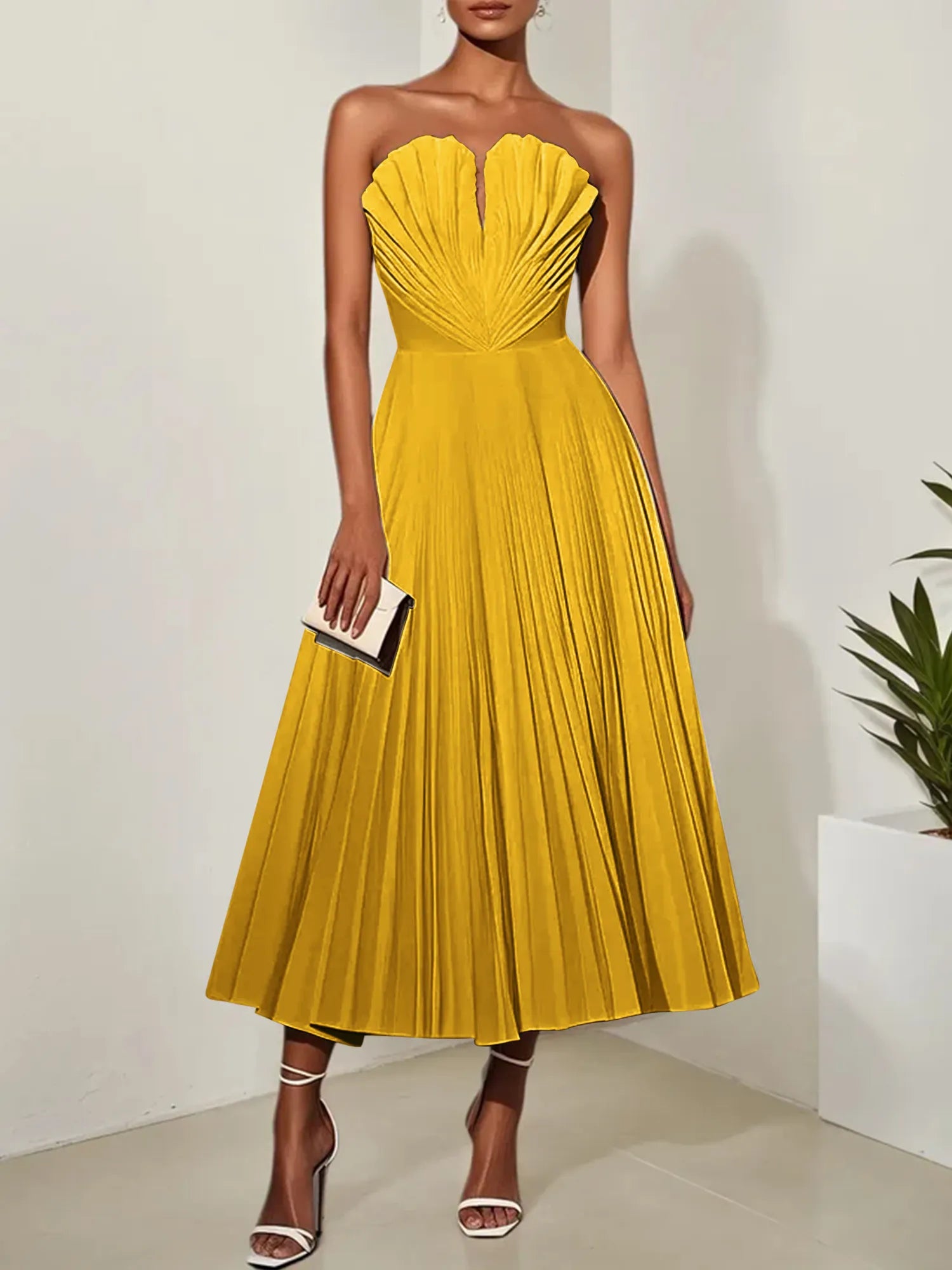 White Pleated Classic Strapless Sleeveless A-Line Midi Dress