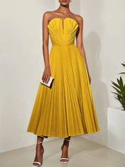 White Pleated Classic Strapless Sleeveless A-Line Midi Dress