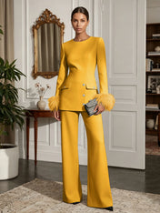 Women's White Two-Piece Set: Buckle Detail Feather-Trimmed Top & Straight-Leg Pants