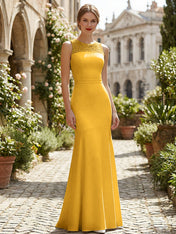 Pure White Sequin Neckline Sleeveless Mermaid Maxi Dress Gown