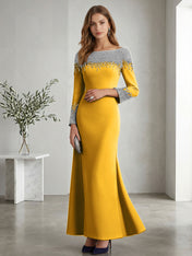 Formal Evening Dress Midnight Navy Velvet Long Sleeves Maxi Dress with Crystal