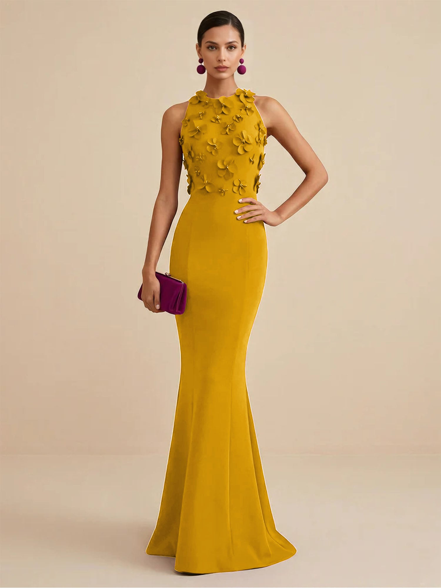 Deep Fuchsia Sleeveless High Neck 3D Floral Mermaid Formal Gown Evening Dress