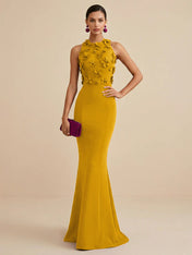 Deep Fuchsia Sleeveless High Neck 3D Floral Mermaid Formal Gown Evening Dress