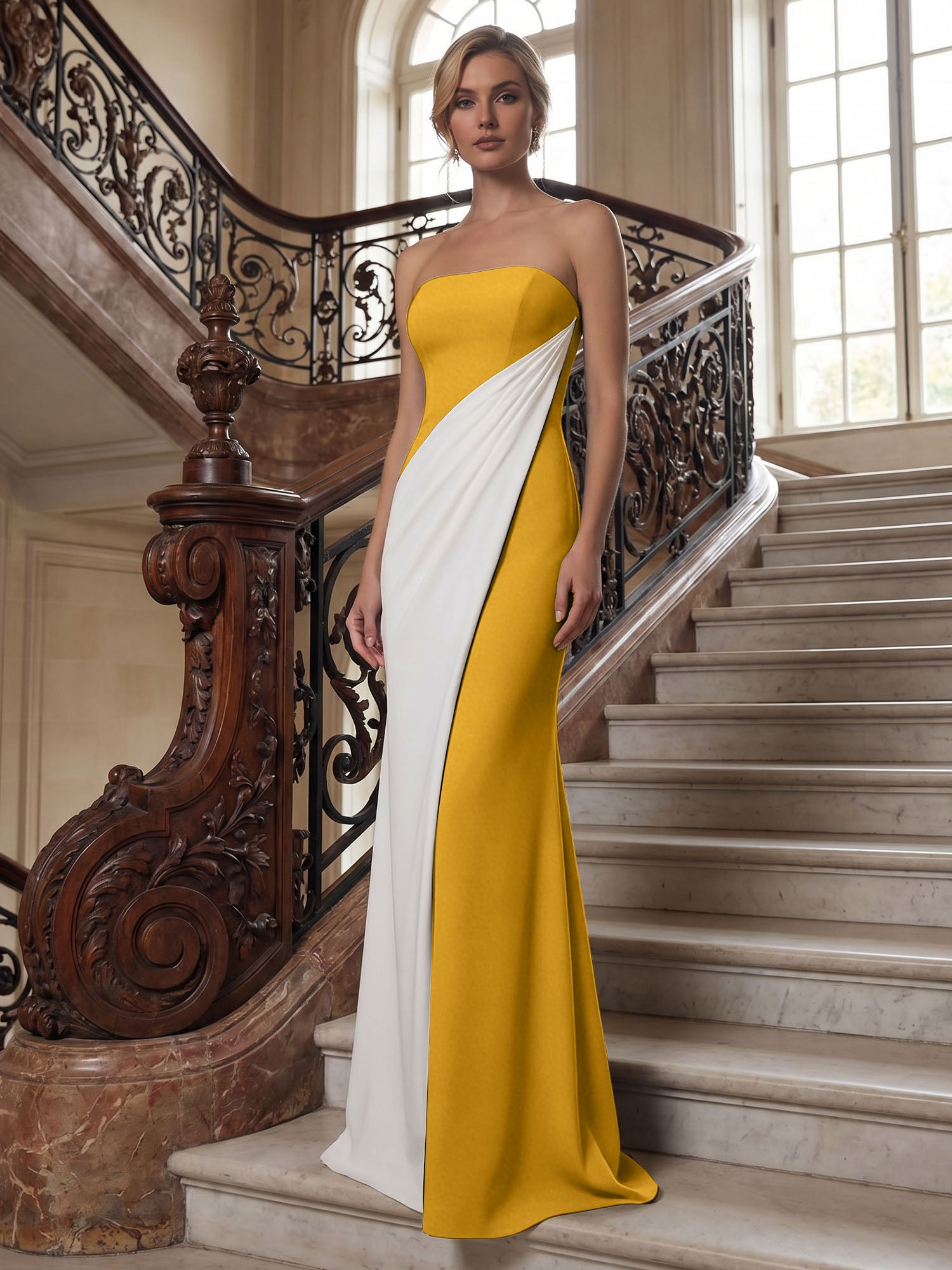 Black White Sheath Strapless Elegant Maxi Formal Dress