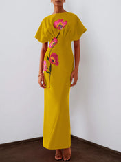 Red 3D Floral Appliqué Boat Neck Short Sleeve Backless Sheath Maxi Dress