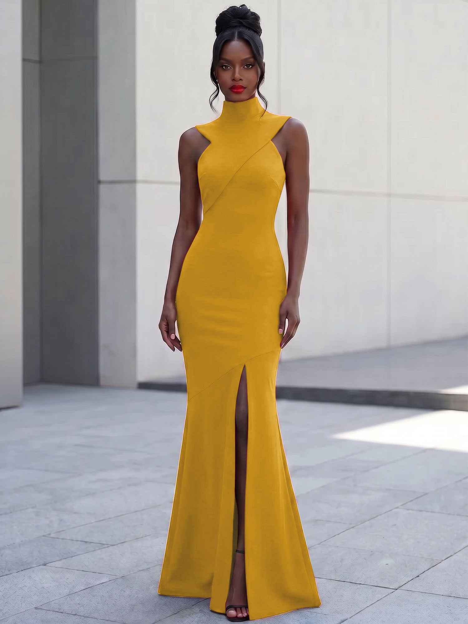 High-Neck Cross-Bodice Sleeveless Maxi Dress