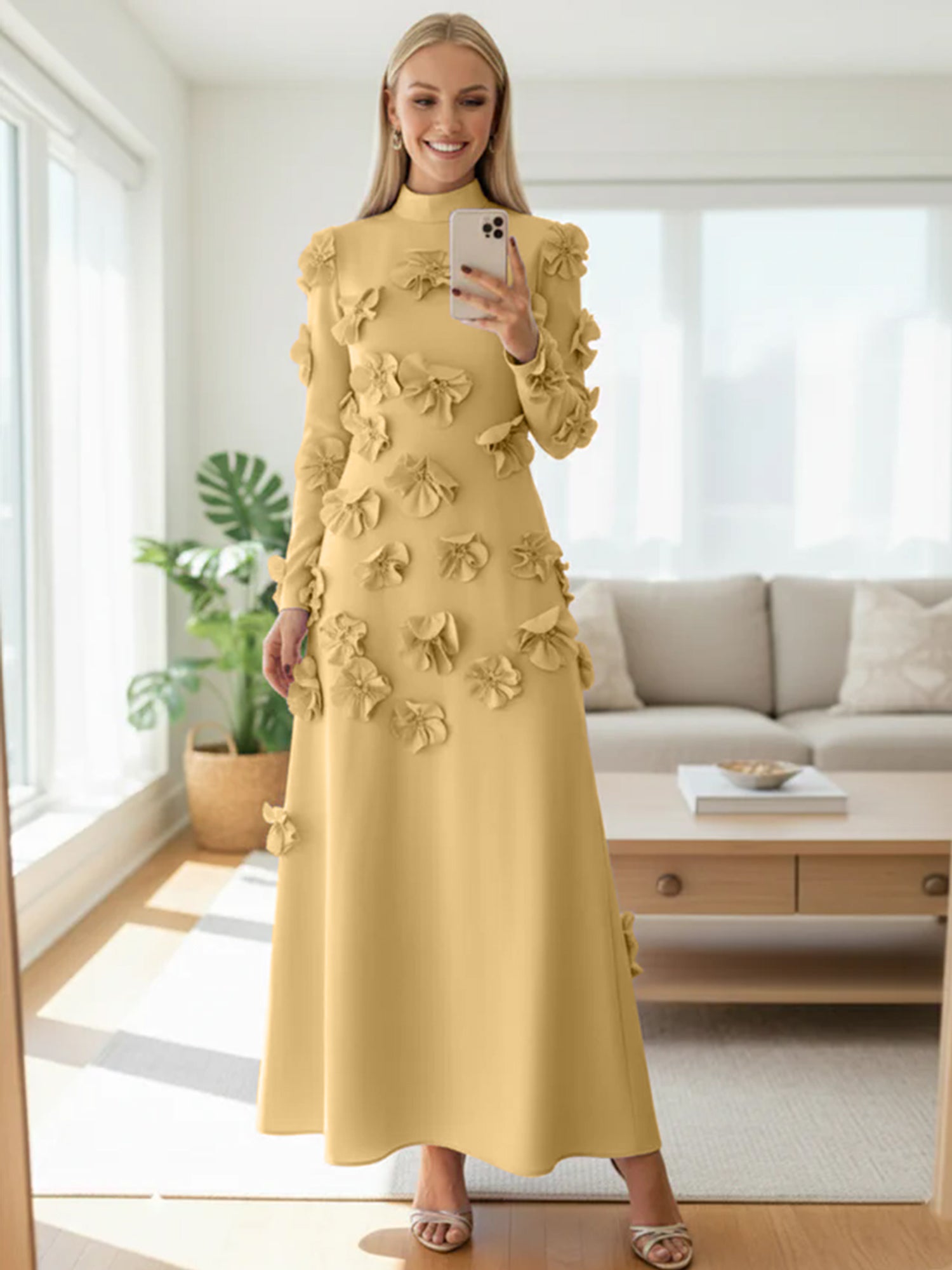A Line High Neck Long Sleeves Floor Length Stretch Crepe Dress With 3D Flowers