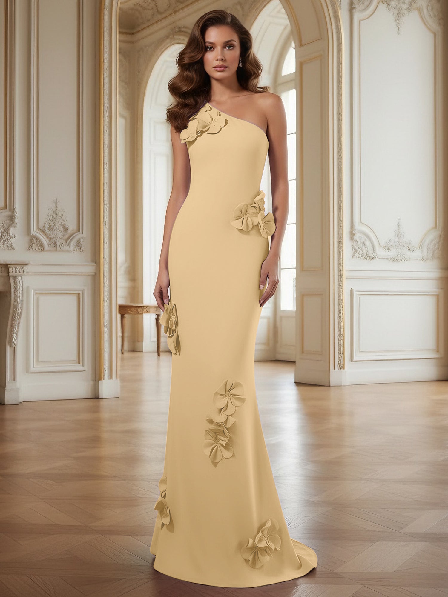 Cream One-Shoulder Prom Dress with Sculptural 3D Floral Appliqués