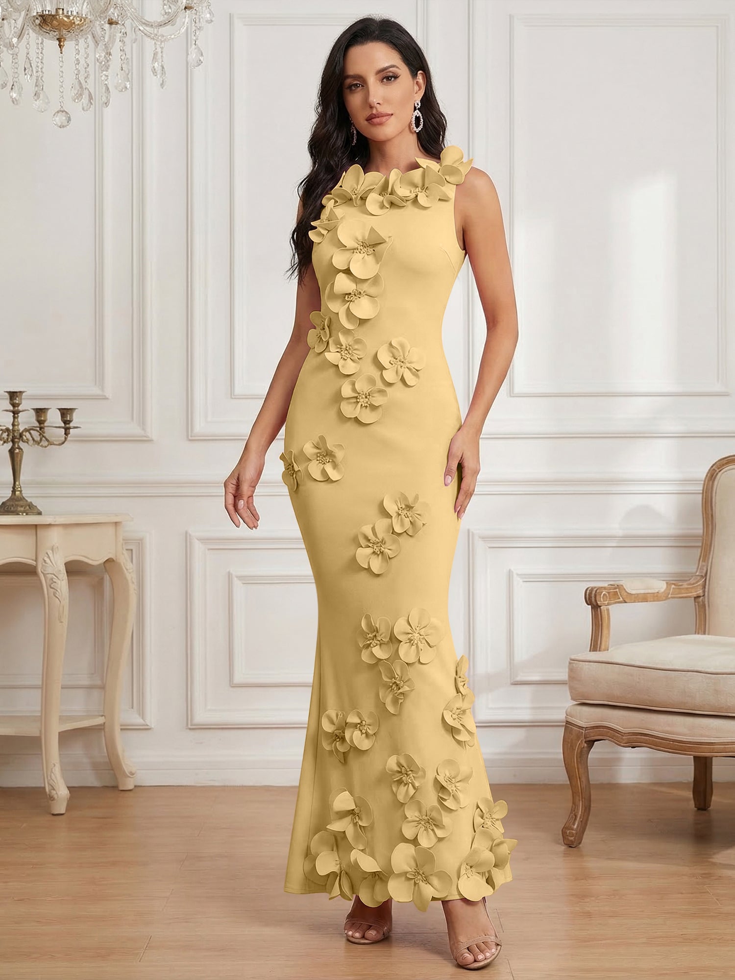Romantic Pink Sleeveless 3D Floral Mermaid Gown