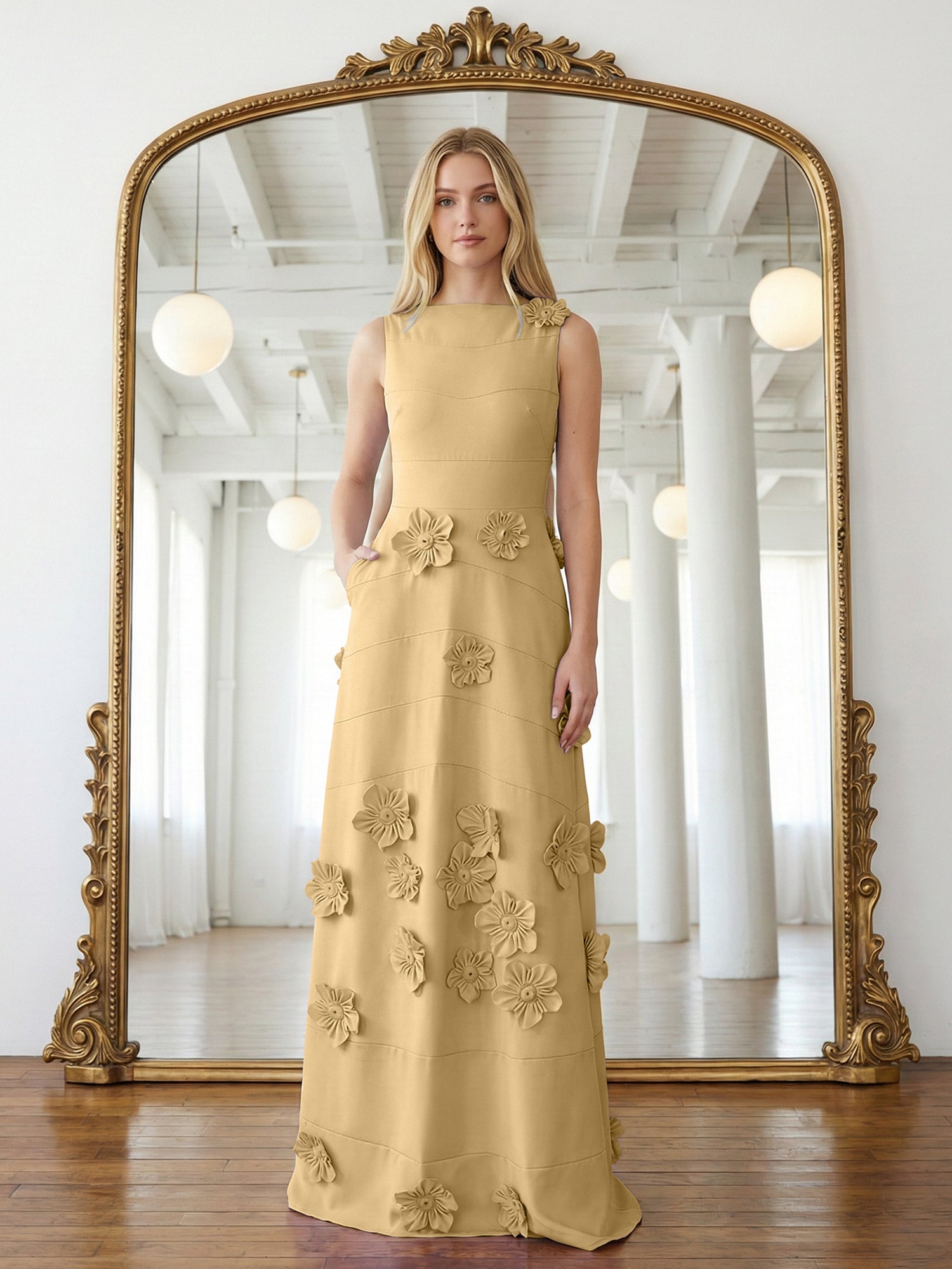 Lavender Boat Neck Formal Gown with Cascading 3D Flowers