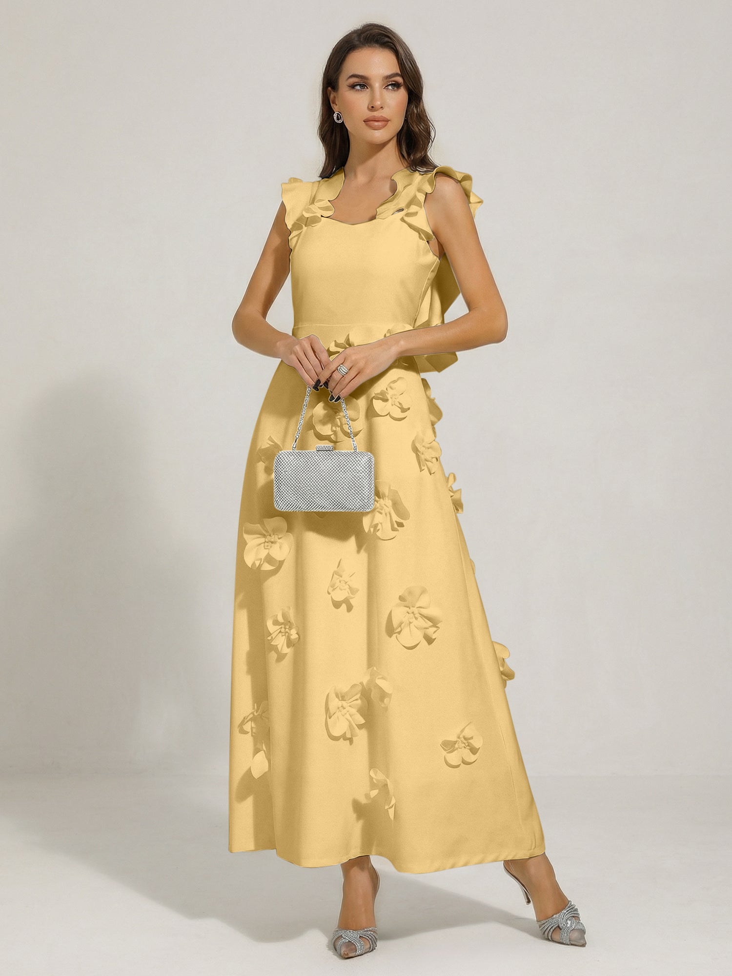 Chic White 3D Flowers A-Line Floor Length Stretch Crepe Dress with Pockets Maxi Dress