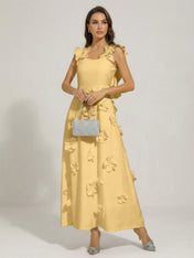 Chic White 3D Flowers A-Line Floor Length Stretch Crepe Dress with Pockets Maxi Dress