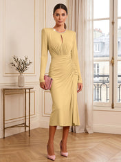 Dusty Rose Long Sleeve Ruched Midi Dress Formal Evening Gown