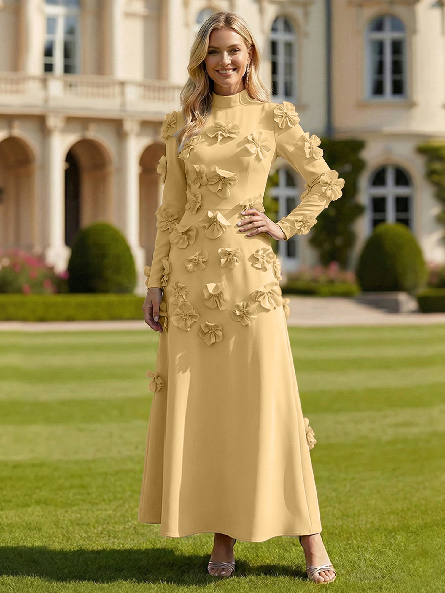 A Line High Neck Long Sleeves Stretch Crepe Dress With 3D Flowers