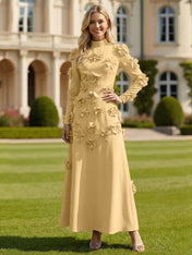 A Line High Neck Long Sleeves Stretch Crepe Dress With 3D Flowers