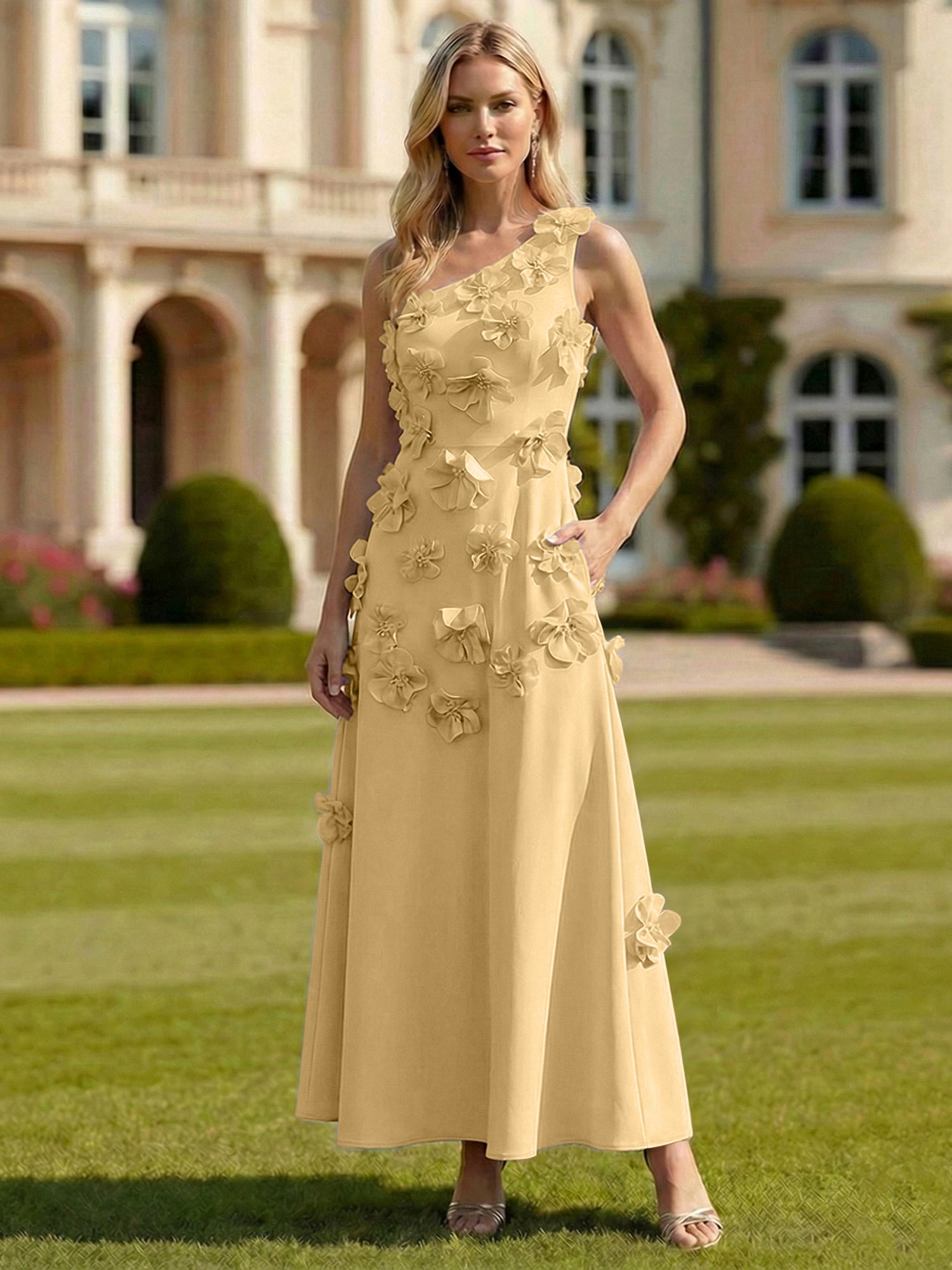 A Line One Shoulder Sleeveless Floor Length Stretch Crepe Dress With 3D Flowers