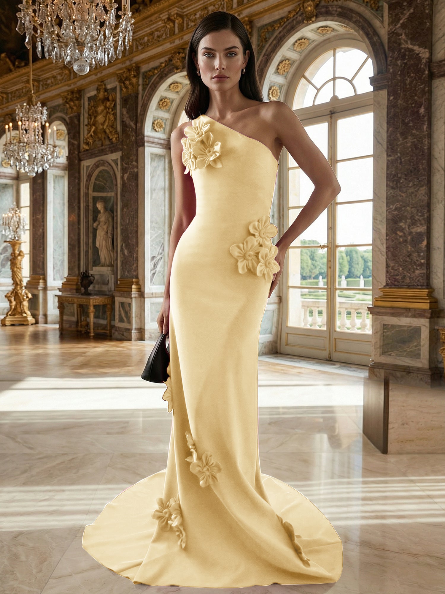 A Line One Shoulder Sleeveless Floor Length Stretch Crepe Dress With 3D Flowers