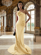 A Line One Shoulder Sleeveless Floor Length Stretch Crepe Dress With 3D Flowers