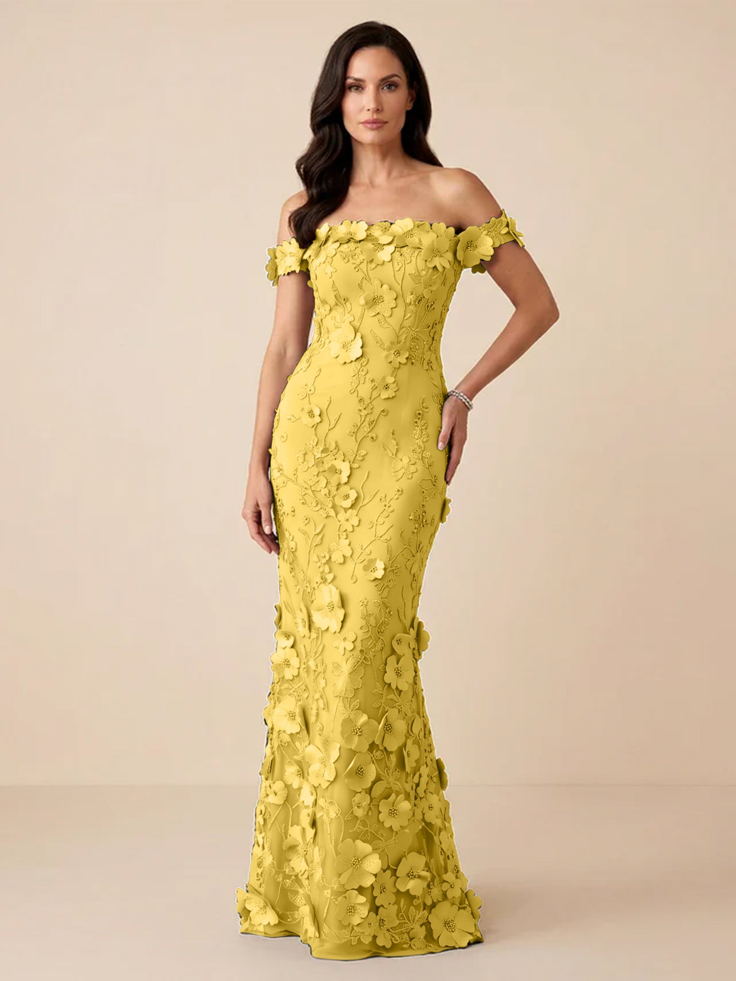 Black Off-the-Shoulder 3D Floral Mermaid Formal Gown Evening Dress