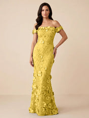 Black Off-the-Shoulder 3D Floral Mermaid Formal Gown Evening Dress