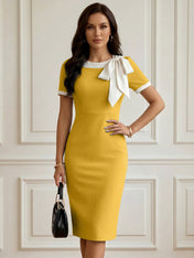Powder Blue Bow Short Sleeve Sheath Midi Dress Gown