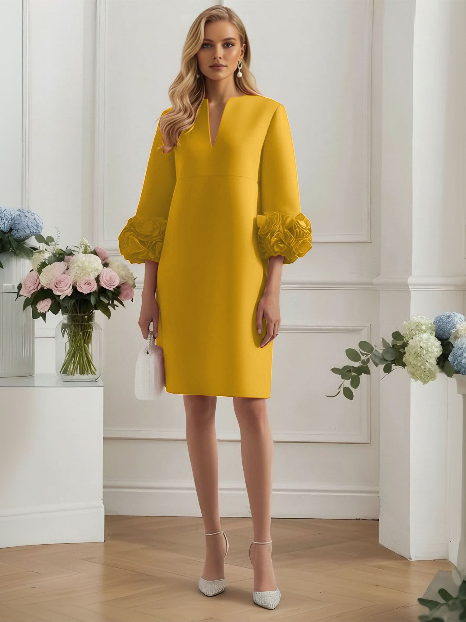 3D Floral Classic Notched Long Sleeve A-Line Midi Dress