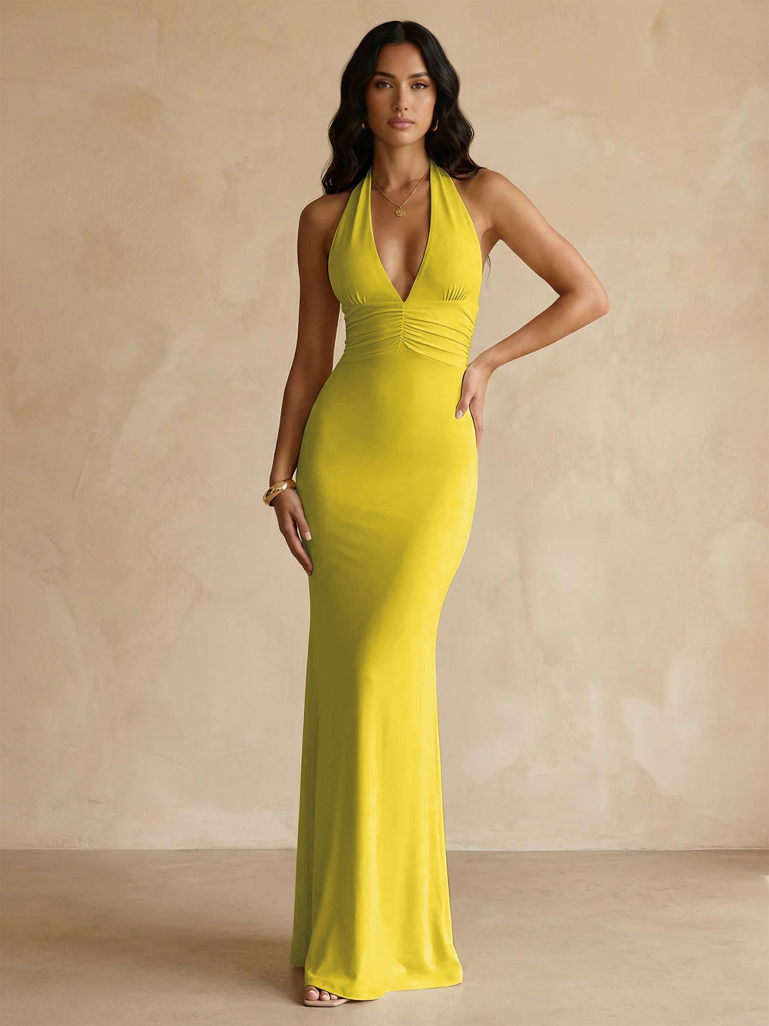 Yellow Halter Neck Maxi Dresses with Pleat Mermaid Evening Dress